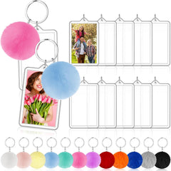 Henoyso 24 Pcs Halloween Photo Keychain Acrylic Picture Keychains with Colorful Fluffy Poms Photo Ornament (2 x 3 Inches)