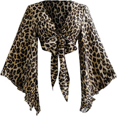 Women's Going Out Tops Western Country Concert Outfits Tie Front Boho Tops Long Bell Sleeve 70s Hippie Disco Clothes