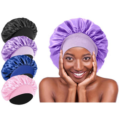 4Pcs Silk Satin Bonnets for Sleeping - Elastic Wide Band Wrap for Black Women Men,Silk Bonnets for Curly Hair,Large Hair Cap for Sleeping (Black+Wine Red+Purple+Brown)