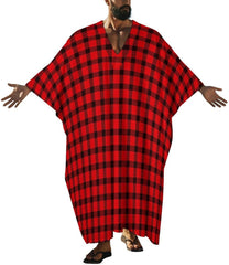 Red Buffalo Check Plaid Tartan Pattern Men's V-neck Robe Middle East Arabian Robe Butterfly Sleeves Kaftan
