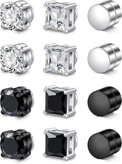 Men's Magnetic Stud Earrings - Non Piercing Fake Clip On Earring Stainless Steel Hypoallergenic Magnet Ear Rings for Men, Fashion Diamond Design, Silver/Black Styles