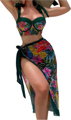 SweatyRocks Women's Floral Print Tie Shoulder Bathing Suit with Cover Up Skirt 3 Piece Bikini Set