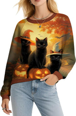 Novelty Cat Print Sweatshirt for Women Casual Fall Long Sleeve Tops Fashion Crewneck Daily Pullover Halloween Funny