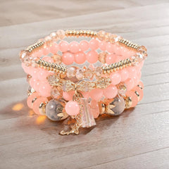Bohemian Beaded Bracelet Set - Handmade Multi-Layer Glazed Stone Elastic Bracelets with Metal Tassel, Boho Chic Jewelry