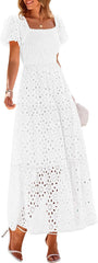 PRETTYGARDEN Summer Dresses for Women 2025 Eyelet Square Neck Puff Sleeve Smocked Wedding Guest Maxi Dress with Pockets