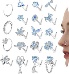 Drperfect Nose Rings L Shaped Nose Studs Ring Hypoallergenic Stainless Steel Nose Ring-Dangle CZ Butterfly Flower Nose Studs Hoops Piercings Jewelry Gift for Women Men 20G Pink/Blue/Clear