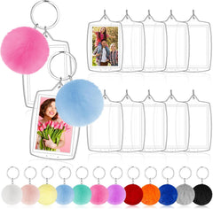 Henoyso 24 Pcs Halloween Photo Keychain Acrylic Picture Keychains with Colorful Fluffy Poms Photo Ornament (2 x 3 Inches)