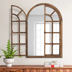 Rustic Wood Arched Window Wall Mirror - Distinctive Full Length Vanity Mirror