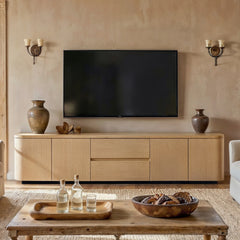 Modern Oak Wood TV Stand with 2 Drawers and Cabinets, 86.6" Long Media Console with Push-to-Open Doors, Anti-Tip Safety Design