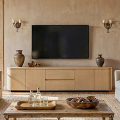 Modern Oak Wood TV Stand with 2 Drawers and Cabinets, 86.6" Long Media Console with Push-to-Open Doors, Anti-Tip Safety Design