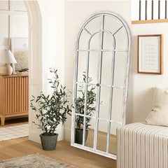 Classic Arched Solid Wood Solid Wood Window Pane Full Length Mirror Arched Top Rectangle Freestanding - 71"x31"