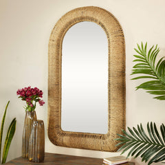 Rattan Woven Room Wall Mirror with Arched Top - Brown - Roche River Decor