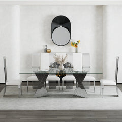 Luxury Tempered Glass Dining Table with Mirrored Stainless Steel Base