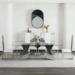 Luxury Tempered Glass Dining Table with Mirrored Stainless Steel Base