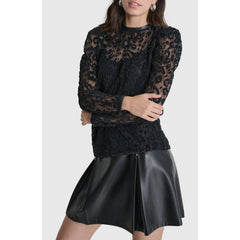 DKNY Floral Mesh Lace Long Sleeve Top