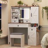 Farmhouse Vanity Desk with Sliding Mirror & Lights, Glass Top Vanity Set