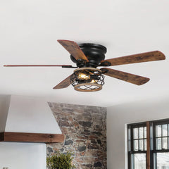 48" Antique Wooden 5-Blade Black Flush Mount Ceiling Fan with Light