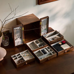 Handmade 5-Layer Jewelry Box – Black Walnut Wood with Velvet Interior, Magnetic Doors, Gold Handle – Elegant Storage - 9 in