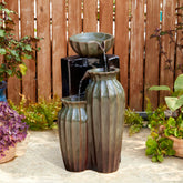 Glitzhome 26.75"H 3-Tiered Fluted Texture Ceramic Outdoor Floor Fountain with LED Lights