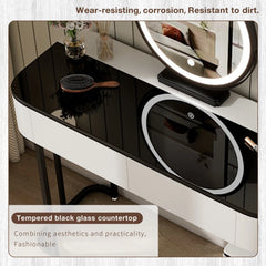Modern Vanity Table with Tempered Glass Top, Adjustable Height Legs, Multi-functional Storage Cabinet and Round Mirror