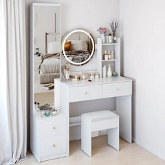 Makeup Vanity Set with Full Body Mirror Cabinet, 17" LED Mirror, Touch Control, Large Storage and Stool Included