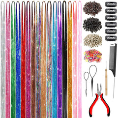 48 Inch Glitter Hair Tinsel Extensions Kit (16 Colors, 4800 Strands) With Tools - Heat Resistant Fairy Hair Accessories for Women, Girls, Kids