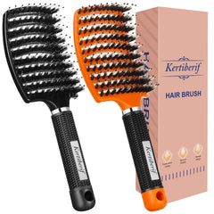Boar Bristle Hair Brush 2PCS, Curved Vented Detangling Brush for Wet and Dry Hair, Styling Paddle Hairbrush for Women Men Kids Curly Straight Thick Long or Short Hair