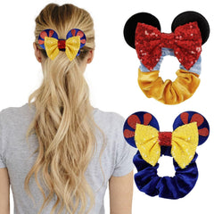 Women's Sequins Hair Bow Scrunchies, Velvet Mouse Ear Hair Ties for Ponytail, Party Favors, Cosplay Costume, Cute Accessories - Red Black