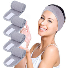 Facial Spa Headbands 4PCS, Makeup Shower Bath Wrap Sport Headband Terry Cloth Stretch Towel with Magic Tape (Black)