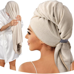 Umisleep 100% Microfiber Hair Towel, 41" x 22" Super Absorbent Hair Care Towel, Ultra Soft Hair Towel Wrap with Elastic Loop, Large Curly Hair Towel for Women Long, Thick Hair, Camel