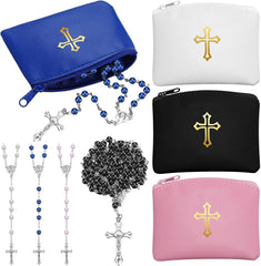 8 Pcs Rosary Pouch with Catholic Rosary Beads Y-Necklace Set for Women PU Leather Holder with Zipper and Gold Cross Imprint Case Portable Religious Bag for Travel
