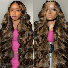 Highlight Ombre Lace Front Wig Human Hair Body Wave Lace Front Wigs Human Hair Pre Plucked 13x4 1B/30 Brown Highlight Wig 200 Density Colored 26 Inch Balayage Glueless Wigs for Women