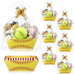 Kolldenn 12 Pack Softball Baskets for Gifts Empty Paper Gift Baskets with Cellophane Packaging Bags and Pull Bows Cardboard Softball Trays for Sports Party Favors Holiday Present Packaging 9.8x 6.5''