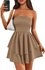 PRETTYGARDEN Women's 2025 Summer Strapless Tube Mini Dress Off Shoulder Smocked Ruffle A Line Flowy Short Party Club Dresses