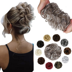 Messy Bun Hair Piece Wavy Curly Scrunchies Fluffy Donut Thick Updo Elegant Chignon Hairpieces for Women Girls, Dark Brown 1.4oz