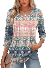 Romanstii Shirts for Women 2025 Summer 3/4 Length Sleeve Womens Tops Dressy Casual Pleated Blouses V Neck Tee Shirts S-3XL