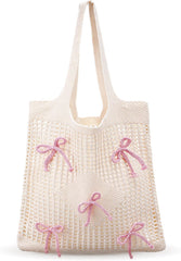 Bow Crochet Tote Bag for Women Mesh Knitted Shoulder Bag Coquette Cute Aesthetic Travel Tote for Girls