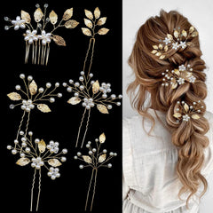 6 Pieces Bridal Wedding Hair Pins Gold Leaf Hair Pins Clips Crystal Pearl Flower Headpiece Vintage Wedding Hair Accessories for Brides Bridesmaids Women Girls