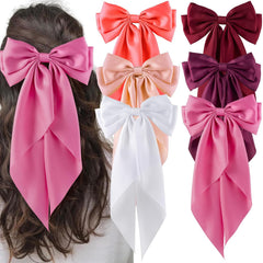 6Pcs Large Bows Hair Clips for Women Girls Long Tail Hair Ribbon Silky Satin Barrettes Coquette Bows Accessories (Black/Pink/Red/White)