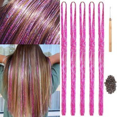 47" Holographic Hair Tinsel Kit Shining Silver Professional Sparkle Heat-Resistant Silk Hairpieces, Hair Accessories for Girls, Party Hair, Gifts for Girls (1000 Strands, Shining Silver)