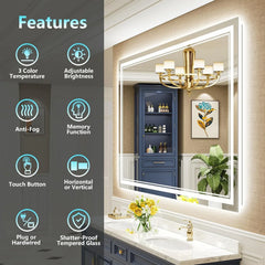 Full Size Front & Back LED Lighted Anti-fog Tempered Glass Wall Bathroom Vanity Mirror, 3-Year Warranty & ETL Certification
