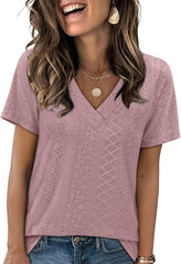SAMPEEL Womens Summer Tops Trendy 2025 Eyelet Crossed V Neck T Shirts Loose Casual Short Sleeve Tshirts Shirts Fashion