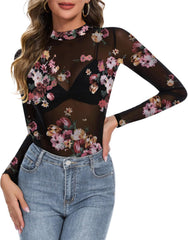 Womens Lace Mesh Long Sleeve Top Floral Sheer See Through Sexy Tops Mock Neck Shirts Party Club Night Blouses