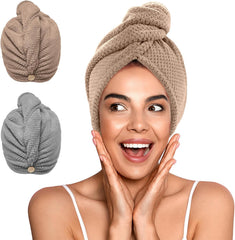 YFONG 2 Pack Microfiber Hair Towel Wrap for Women, Super Absorbent Quick Dry Hair Turban for All Hair Style Anti Frizz, Large Hair Drying Towel with Button