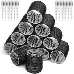 Big Self-Grip Hair Curlers Rollers with Stainless Steel Duckbill Clips for Long, Medium, Thick Hair and Bangs Volume (Black)