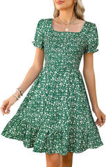 Lyrur Women's Short Sleeve Summer Dresses 2025 Spring Casual Square Neck Easter Dress A-Line Tiered Sundress with Pockets