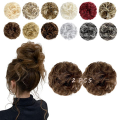 2 PCS Messy Bun Hair Piece Wavy Curly Hair Bun Scrunchies Extensions Synthetic Chignon Thick Updo Hairpieces for Women Girls(Dark Brown)
