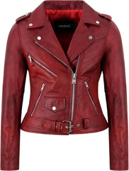 Women's Brando Style Red Waxed Snake Print Biker Lambskin Fashion Leather Jacket LDS MBF