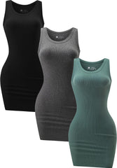 3 Pack Summer Dresses for Women 2025 Ribbed Tank Dress Scoop Neck Sleeveless Sundress Basic Bodycon Mini Dress
