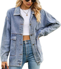Lu's Chic Women's Soft Denim Jacket Long Sleeve Jean Button Down Pocket Spring Western Classic
